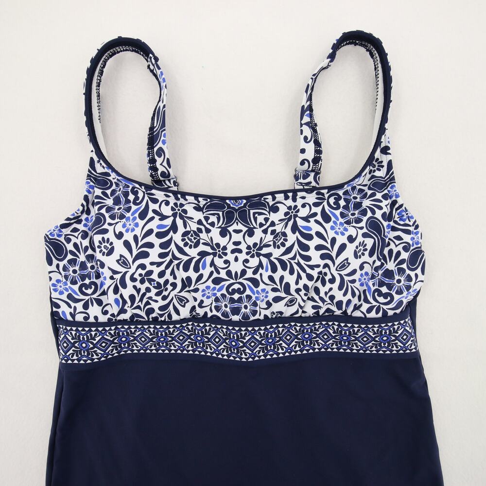 Lands End Tankini Top Swimsuit Swim Blue White Pattern Scoop Neck Underwire 4 - Picture 3 of 10